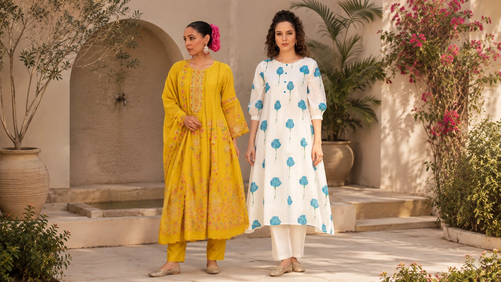 Refined contemporary ethnic wear presented in a sunlit space
