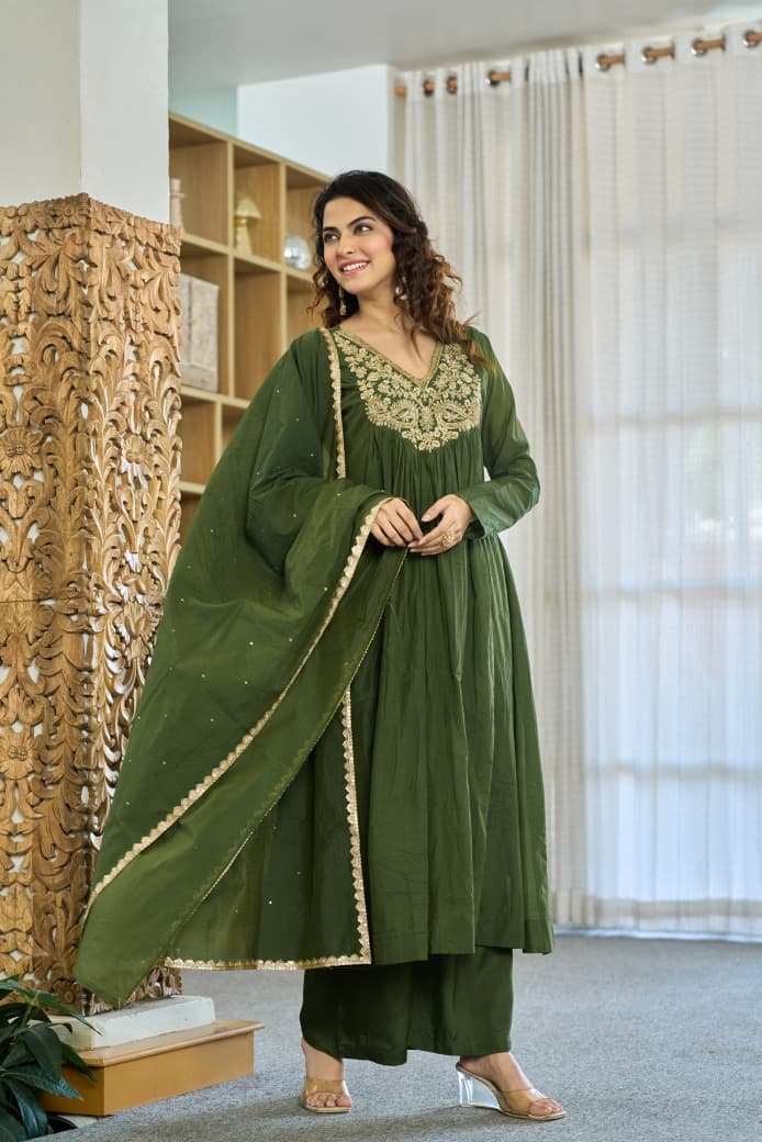 Olive Pure Mal Chanderi Suit