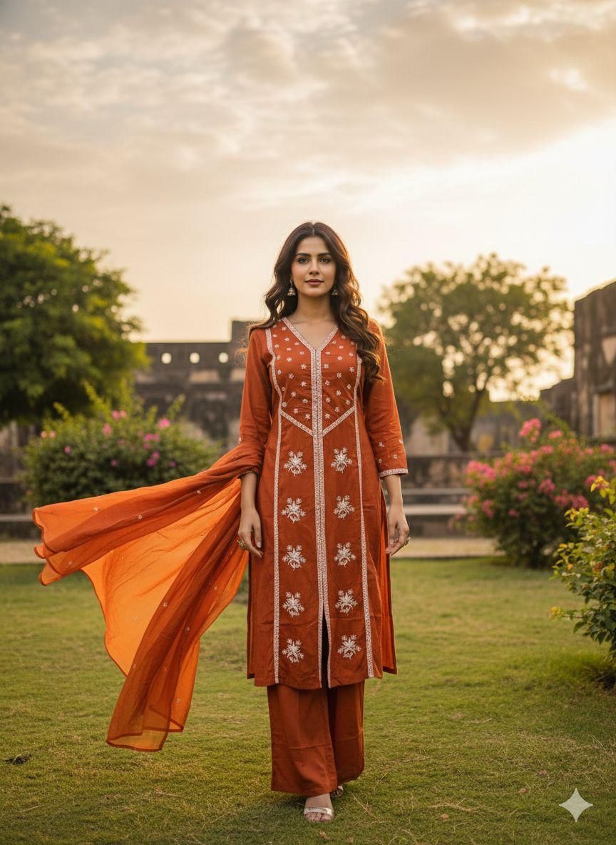 Rust Orange Ethnic Kurti Set